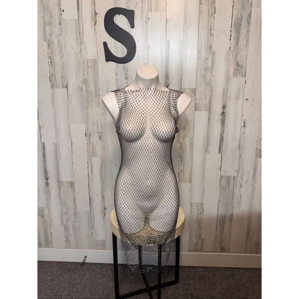Black Rhinestone Fishnet Mesh Cover Up Dress Women’s Small Sleeveless Sheer Fest